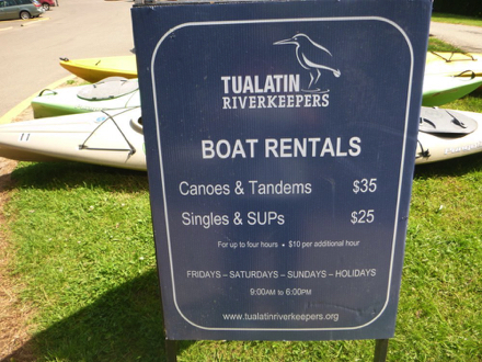 Sign at Cook Park – boat rentals – canoes & tandems $35 – singles & SUP $25 – 4 hr rental